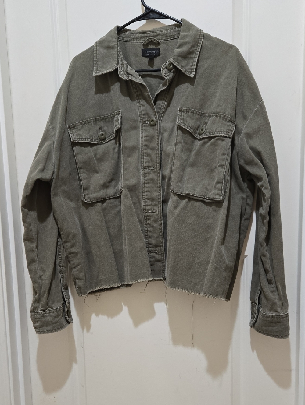 Topshop Military Oversized Utility Jacket with Front Pockets And Raw Hem